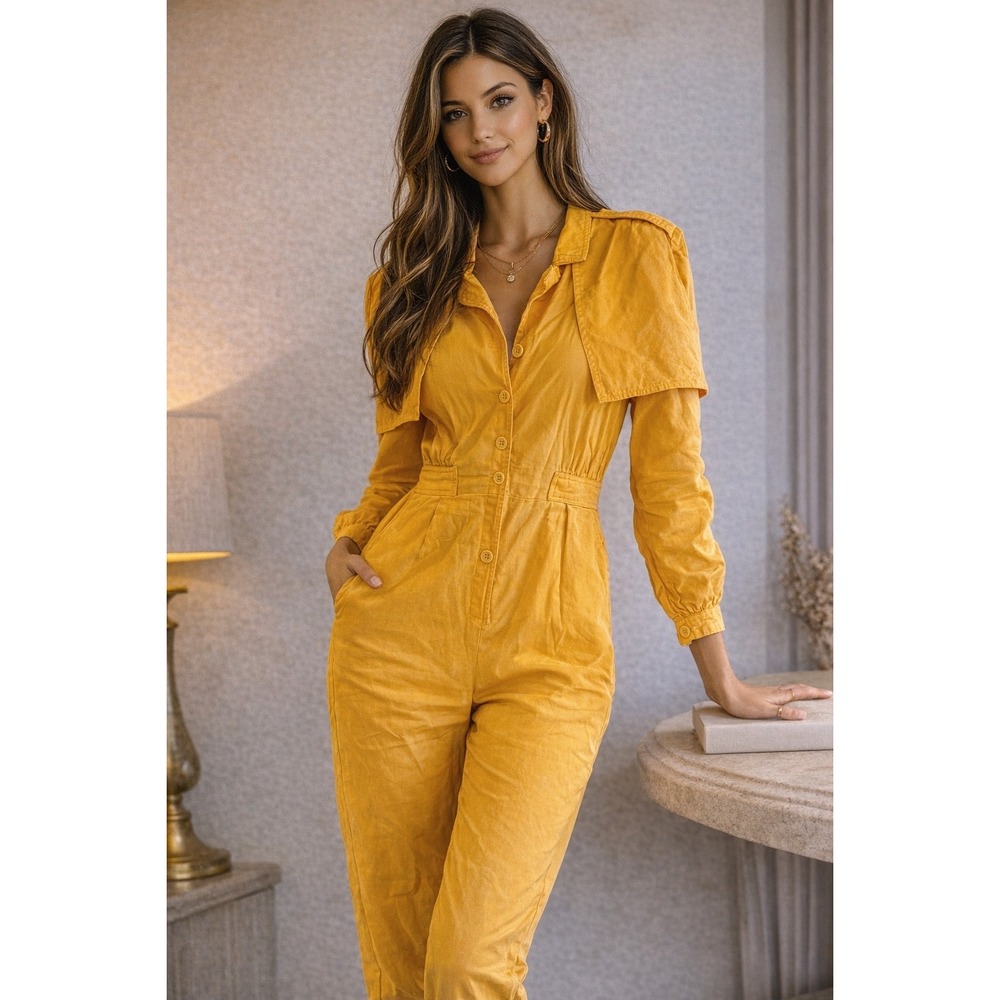 Vintage Oleg Cassini Yellow Jumpsuit Cape Overlay Button Front size 12